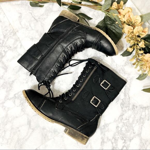 Madden Black Combat Moto Booties with double buckle and laces size 7 - Picture 1 of 11